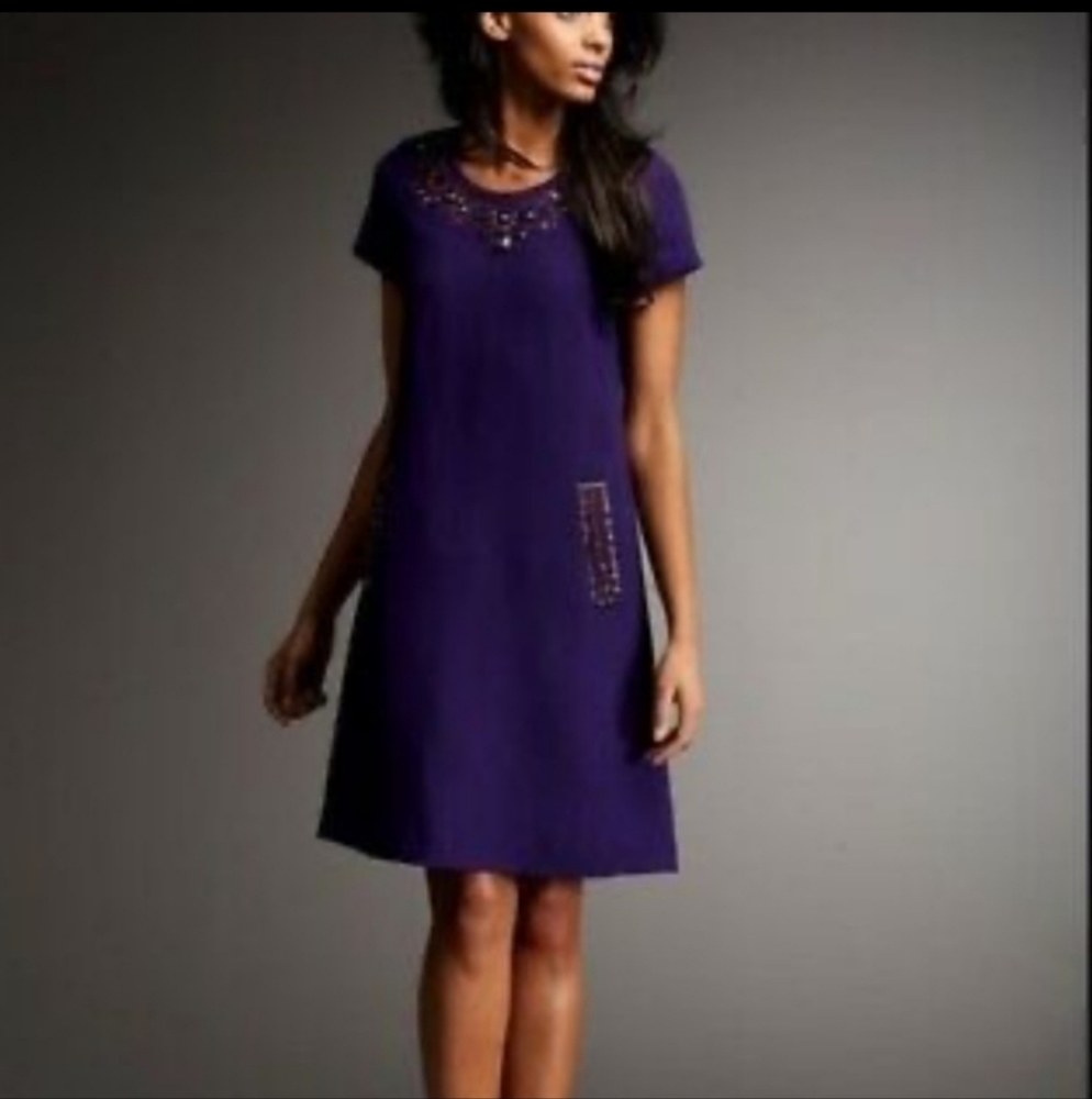 Kate Spade Purple Eggplant Jeweled Embellished Wool Blend Sleeve Cocktail Dress